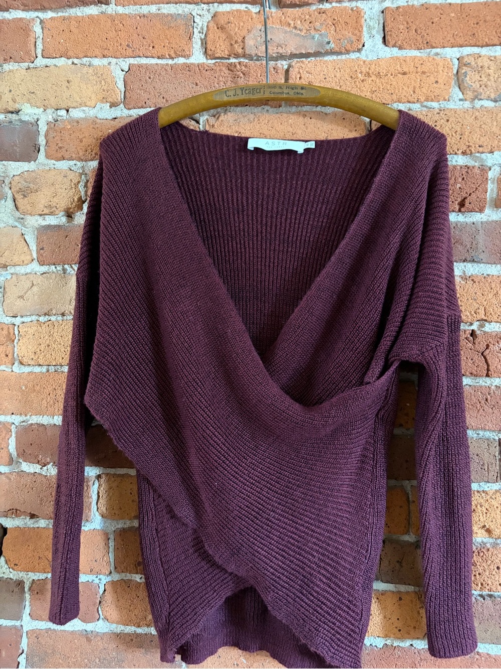 ASTR the Label Wrap Front Ribbed V-Neck Sweater Burgundy XS